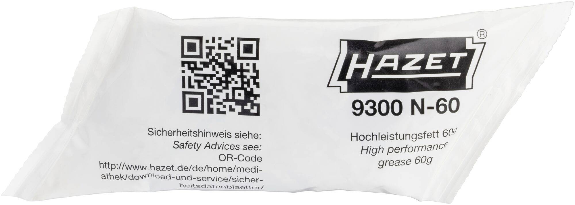 Eine verpackte Tube mit der Aufschrift 'HAZET 9300 N-60'. Enthält Hochleistungsfett, 60g. Ein QR-Code und ein Sicherheitshinweis sind sichtbar.