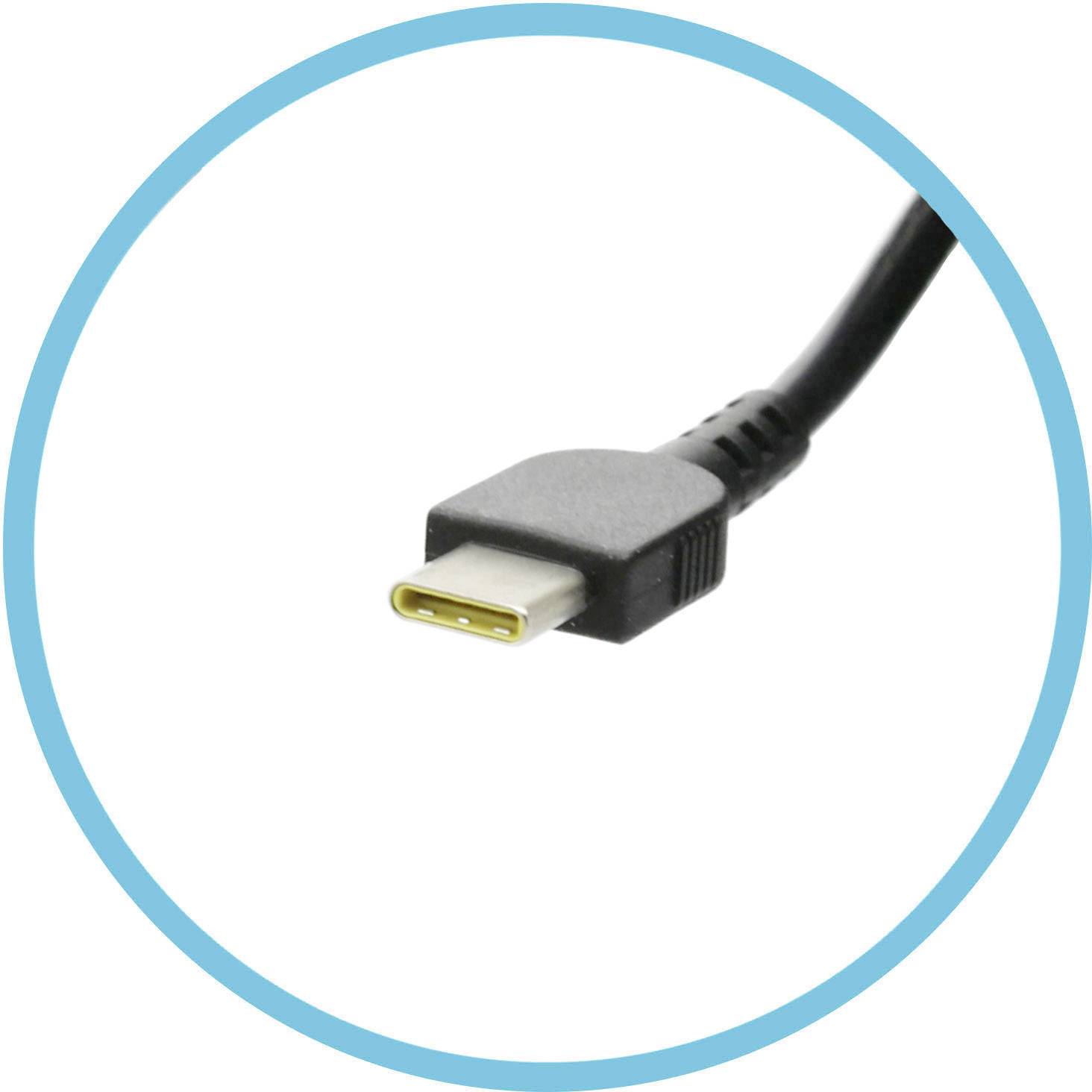 Ein USB-C-Stecker in Nahaufnahme, umgeben von einem blauen Kreis.