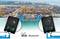 Ein Hafen mit vielen Containern und Kränen. Im Vordergrund zwei WLAN/Bluetooth-Geräte, Reichweite bis 400m, LAN-Anschlüsse sichtbar.