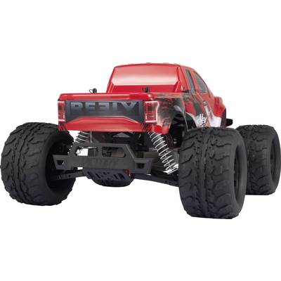 Ein rotes ferngesteuertes Monstertruck-Modell mit großen, profilierten Reifen, sichtbaren Stoßdämpfern und der Aufschrift 'Reely'.
