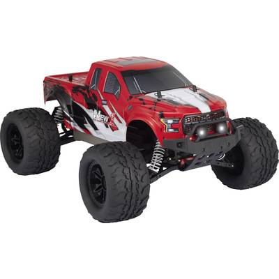 Ein ferngesteuertes rotes Spielzeugauto mit großen Reifen und schwarz-weißem Streifenmuster, bereit für Offroad-Abenteuer.