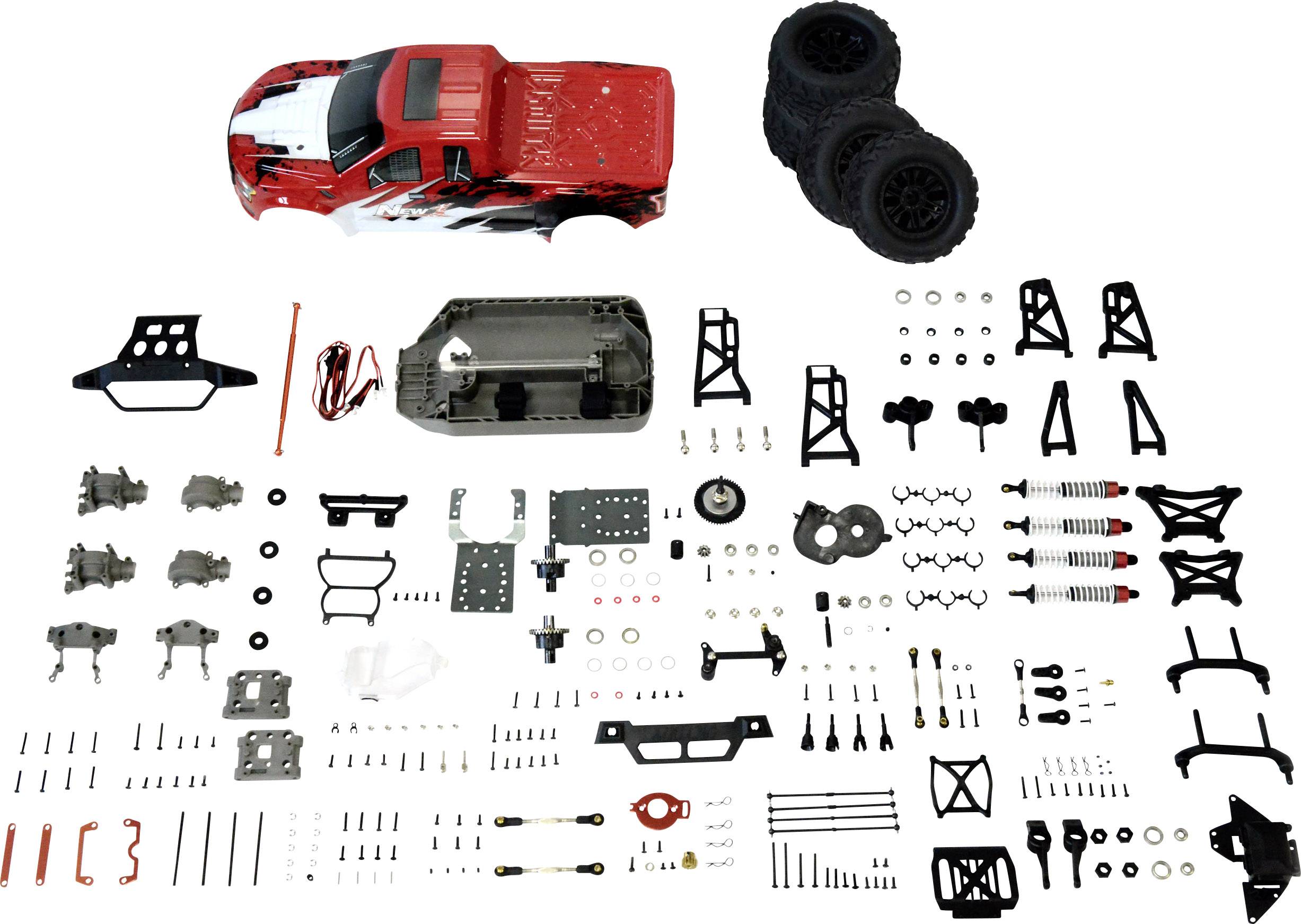Ein Modellauto-Bausatz mit einem roten Auto und Einzelteilen, darunter Räder und diverse mechanische Komponenten, zur Selbstmontage.