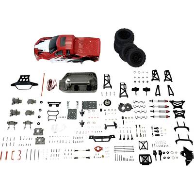 Ein Modellauto-Bausatz mit einem roten Auto und Einzelteilen, darunter Räder und diverse mechanische Komponenten, zur Selbstmontage.
