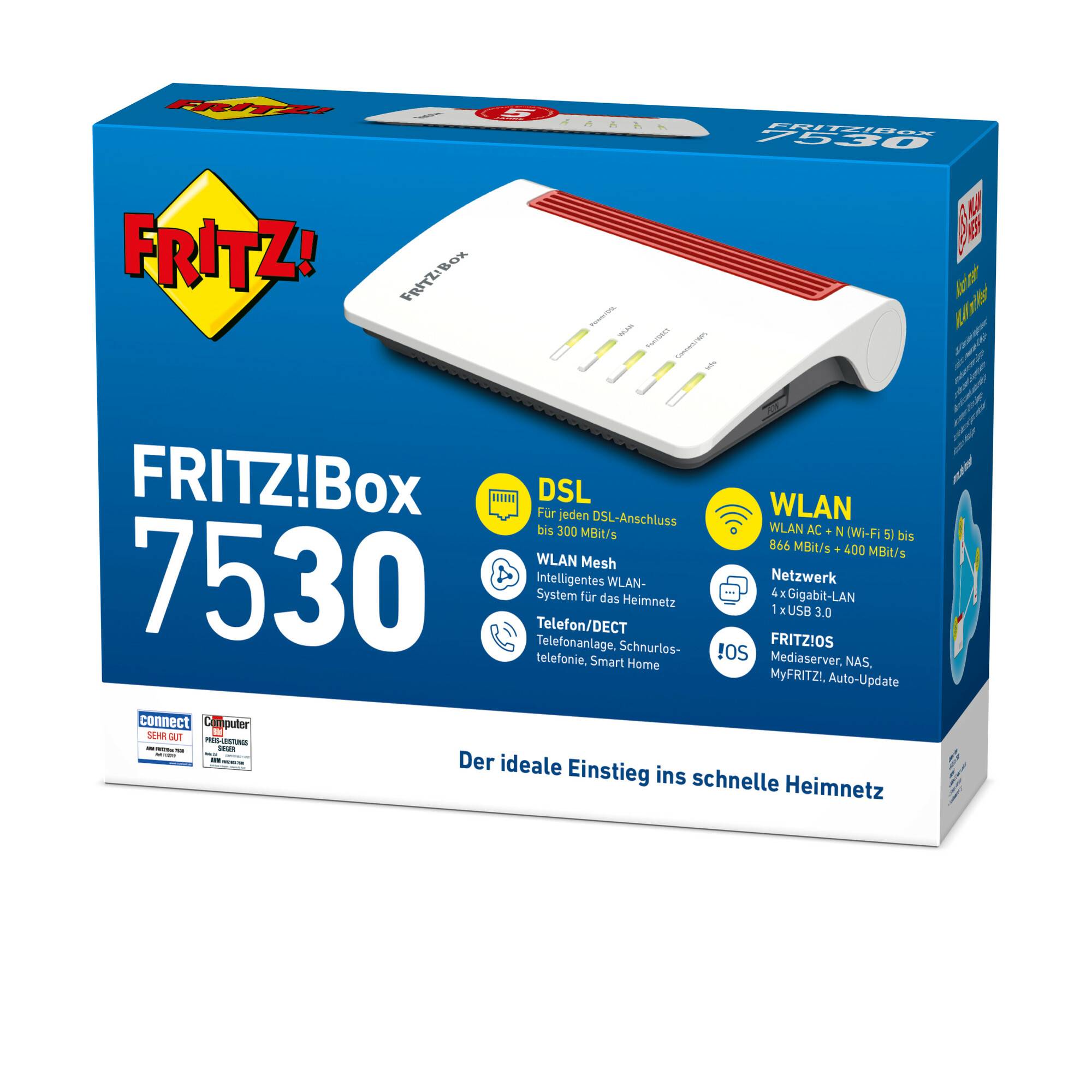 AVM FRITZ!Box 7530 - Wireless Router - DSL-Modem 4-Port-Switch - 1GbE - Wi-Fi 5 - Dual-Band - VoIP-Telefonadapter (DECT)-1