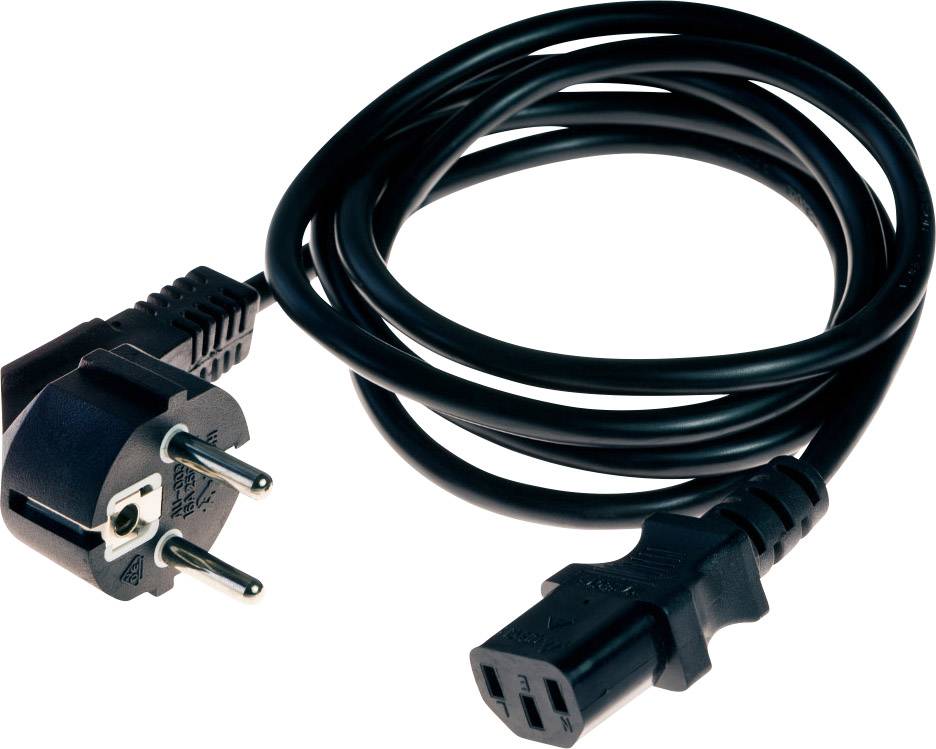 Ein schwarzes Netzkabel mit einem Schuko-Stecker auf der einen Seite und einem IEC-C13-Gerätedose auf der anderen Seite.