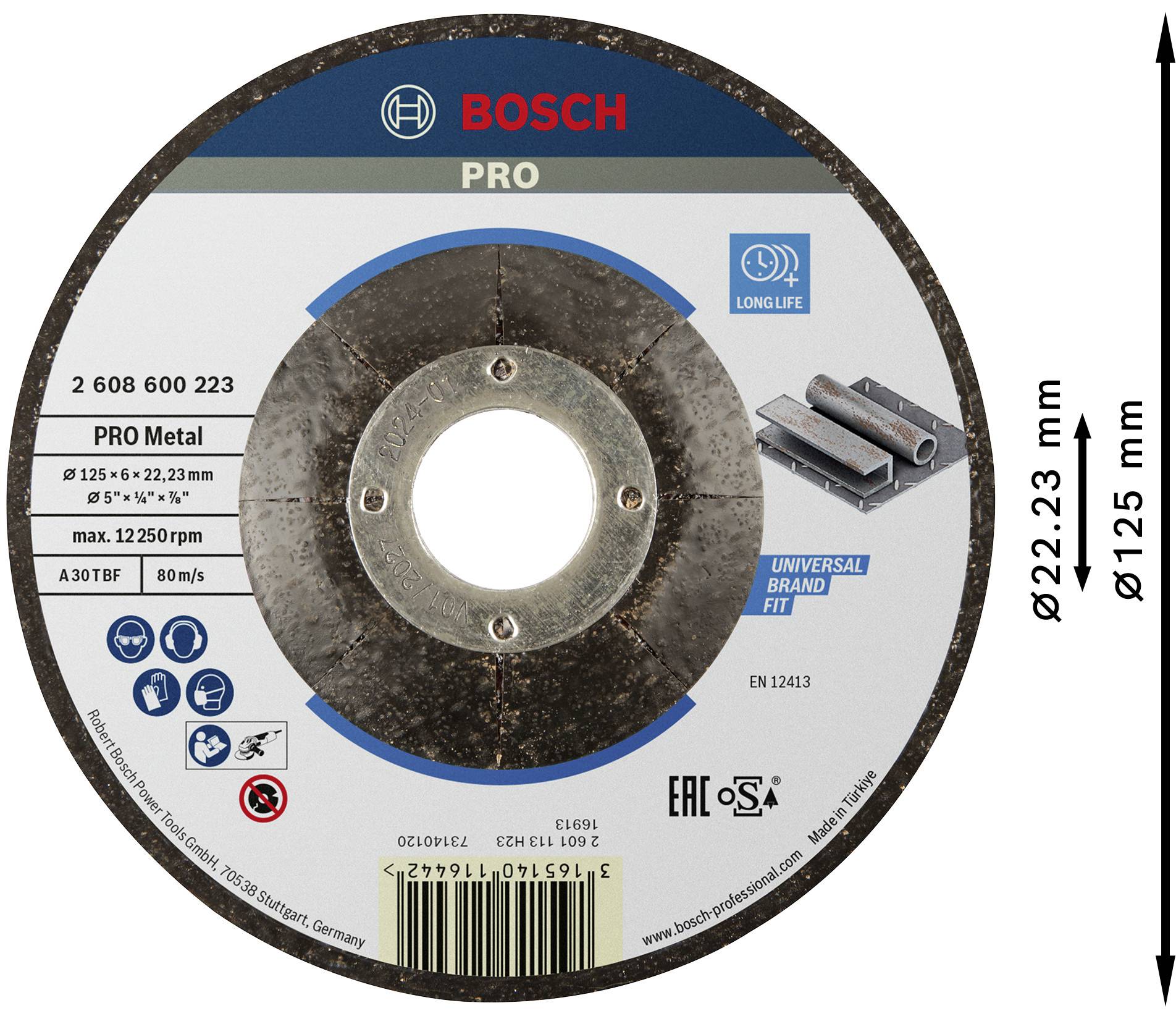 'Bosch PRO Trennscheibe für Metall, Durchmesser 125 mm, Bohrung 22,23 mm. Maximale Drehzahl: 12.250 U/min. Geeignet für Universalmarken.'