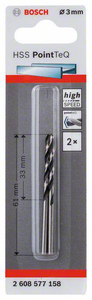 Bohrerset von Bosch, zwei HSS-Spiralbohrer, Durchmesser 3 mm, Länge 61 mm, geeignet für Hochgeschwindigkeit; Verpackung mit Leistungsinfos.