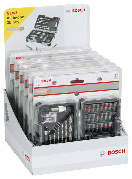 Ein Display mit Bosch-Bohrersets. Jedes Set enthält diverse Bohrer und Bits. Aufdruck: 'NEU! All-in-one 35 pcs'.