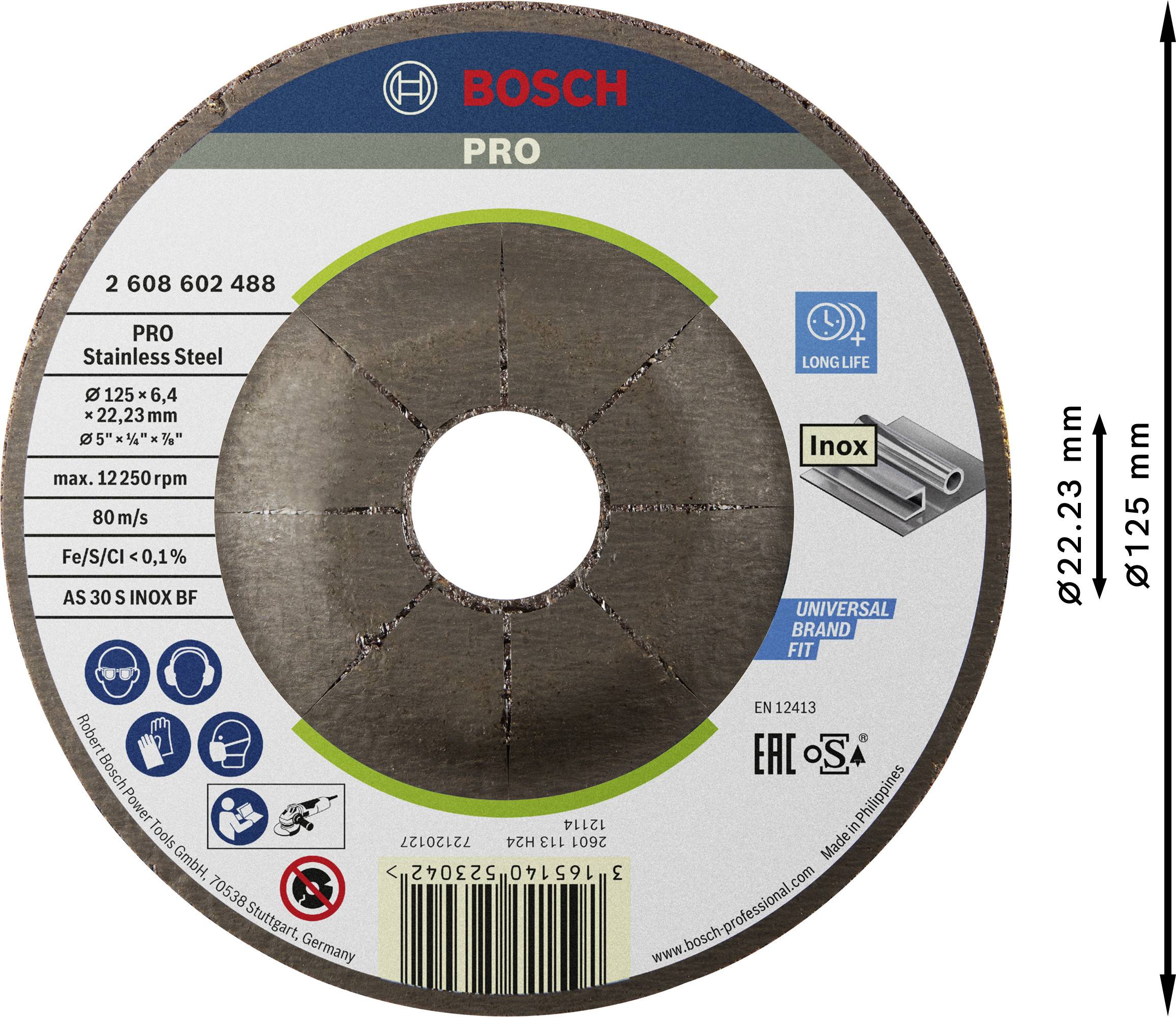 'Bosch Pro' Trennscheibe für Edelstahl, Durchmesser 125 mm, Bohrung 22,23 mm, Maximale Geschwindigkeit 80 m/s, aus rostfreiem Stahl.