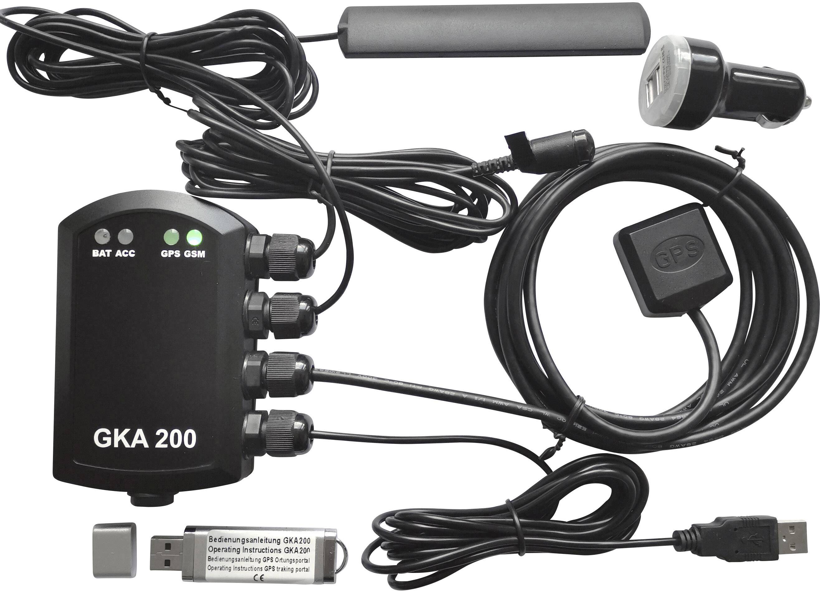 Ein GPS-Tracker-Set mit Empfänger, Kabeln, USB-Stick und Kfz-Ladegerät. Geeignet für Fahrzeugüberwachung und Standortbestimmung.