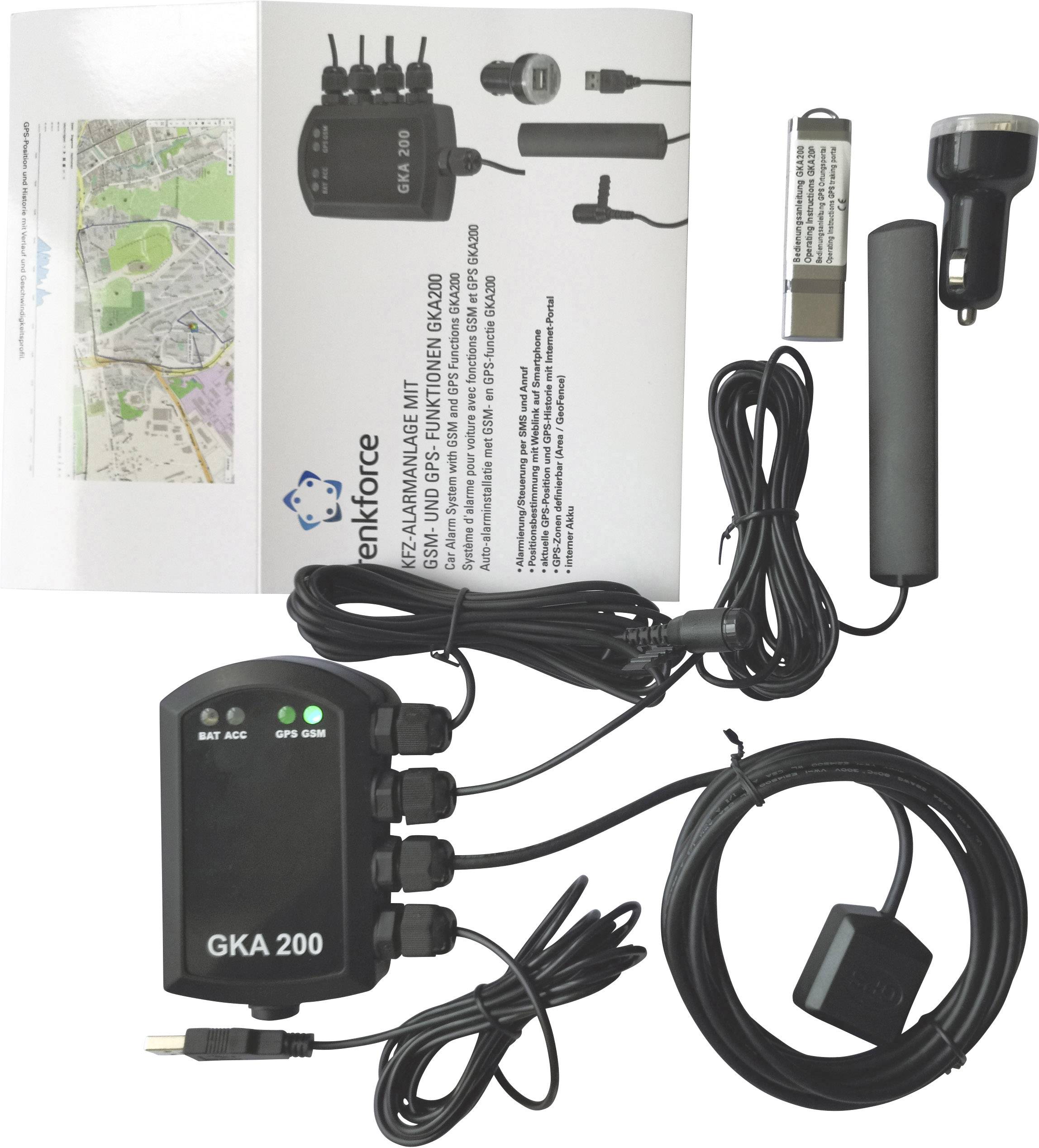 Autozubehör-Set mit Bedienungsanleitung, Ladegerät, GPS-Antenne, USB-Stick und Steckverbindungen. Enthält Gerät GKA 200.