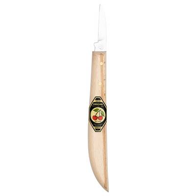Ein Messer mit Holzgriff und polierter Edelstahlklinge, auf dessen Griff ein Logo mit zwei Kirschen abgebildet ist.