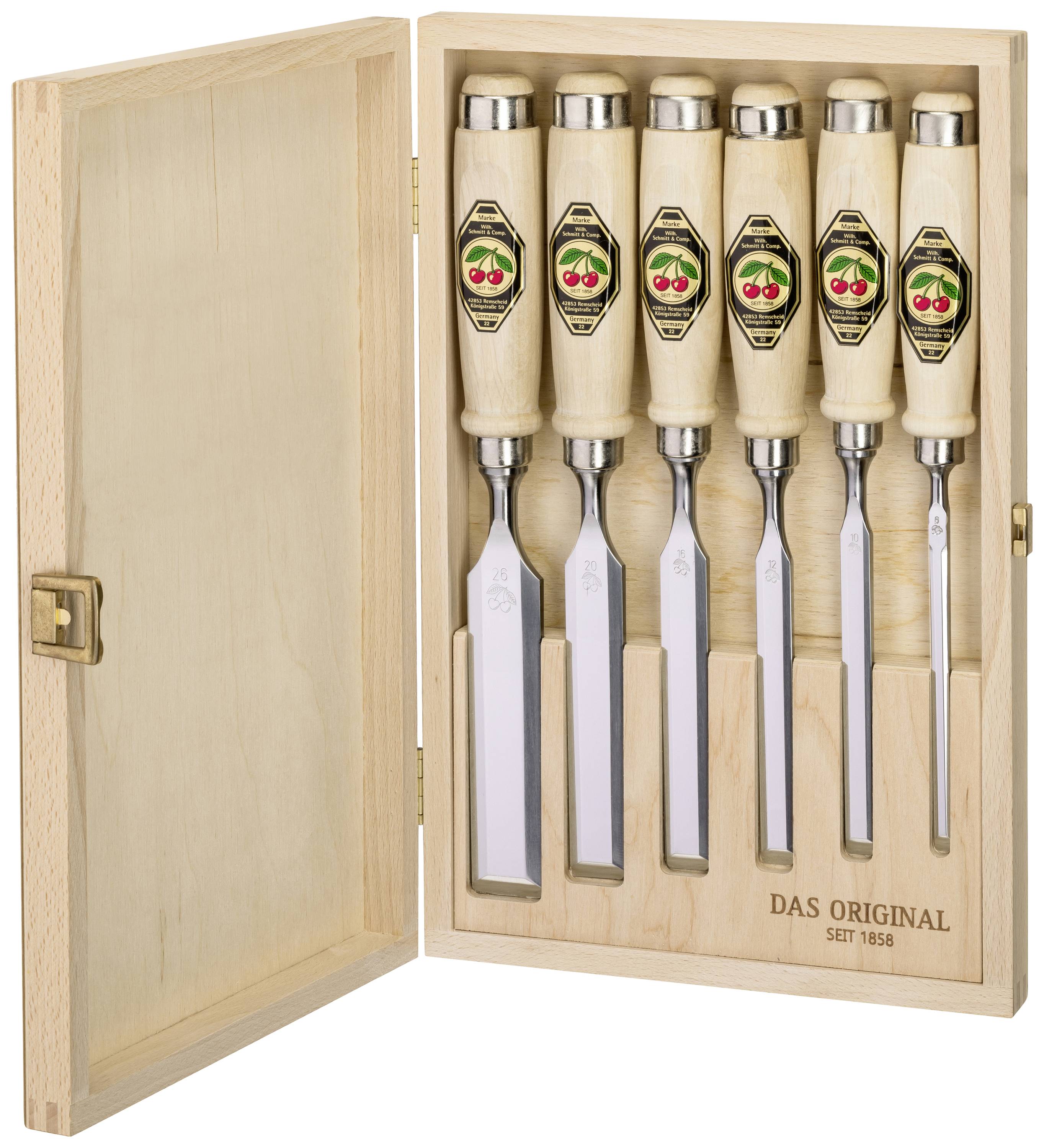 Sechsteiliges Holzschnitz-Werkzeugset in einem Holzkasten. Die Werkzeuge haben helle Griffe und abgestufte Klingen unterschiedlicher Breite.