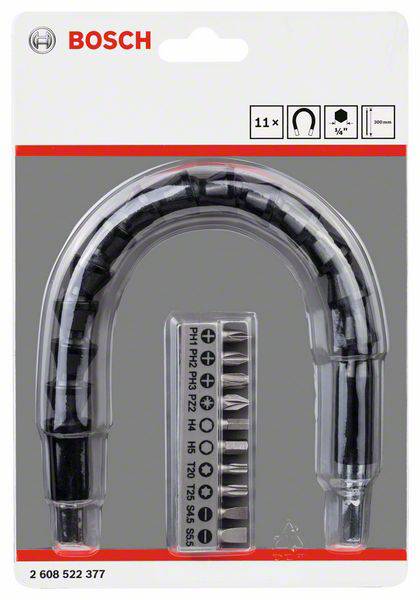 Eine Bosch-Verpackung mit einem Set von 11 Schraubendrehereinsätzen und einem flexiblen Verlängerungsstück, ideal für schwer zugängliche Stellen.