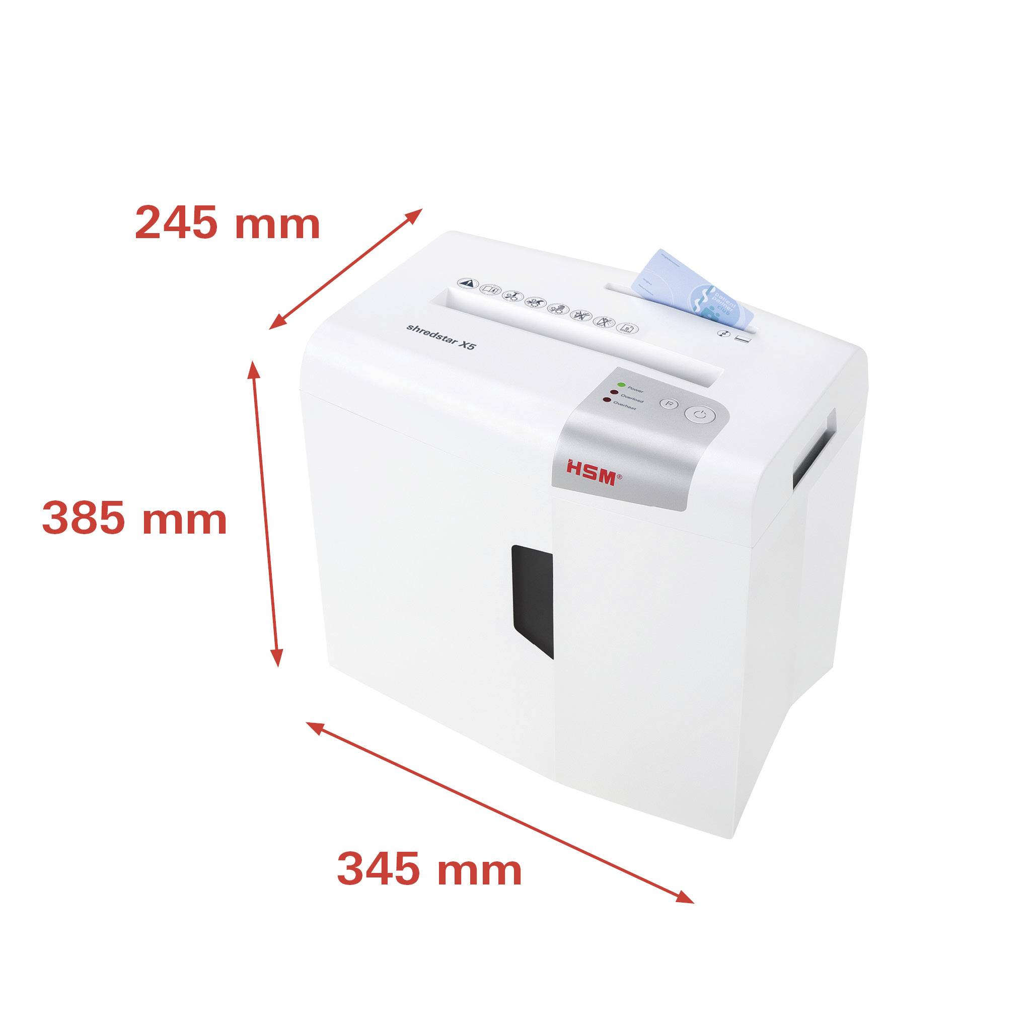 Kompakter weißer Aktenvernichter mit den Maßen 245 mm (H), 345 mm (B), 385 mm (T), geeignet fürs Büro; Papier oben eingeführt.