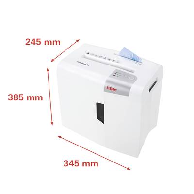 Kompakter weißer Aktenvernichter mit den Maßen 245 mm (H), 345 mm (B), 385 mm (T), geeignet fürs Büro; Papier oben eingeführt.