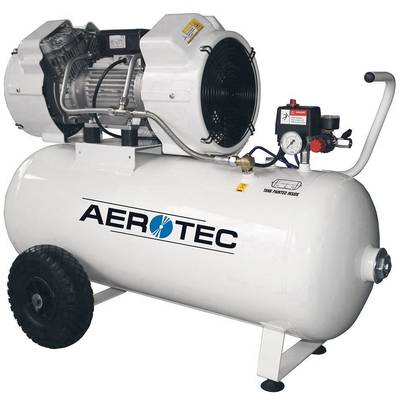 Luftkompressor mit Rädern und Griff, Markenlogo 'AEROTEC'. Enthält Manometer und Druckregler, verwendet für Druckluftwerkzeuge.