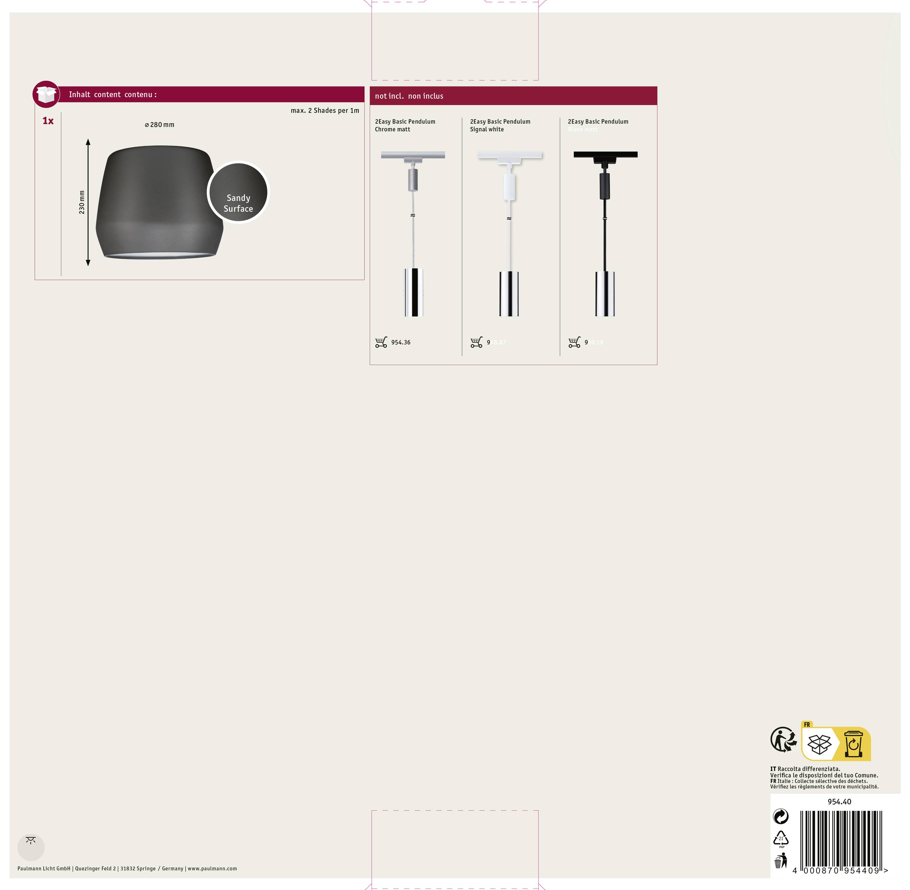 'Beige Pendelleuchte mit sandfarbener Oberfläche.' Zeigt Schabloneneinlage und Verlängerungselemente für verschiedene Kabelhöhen.