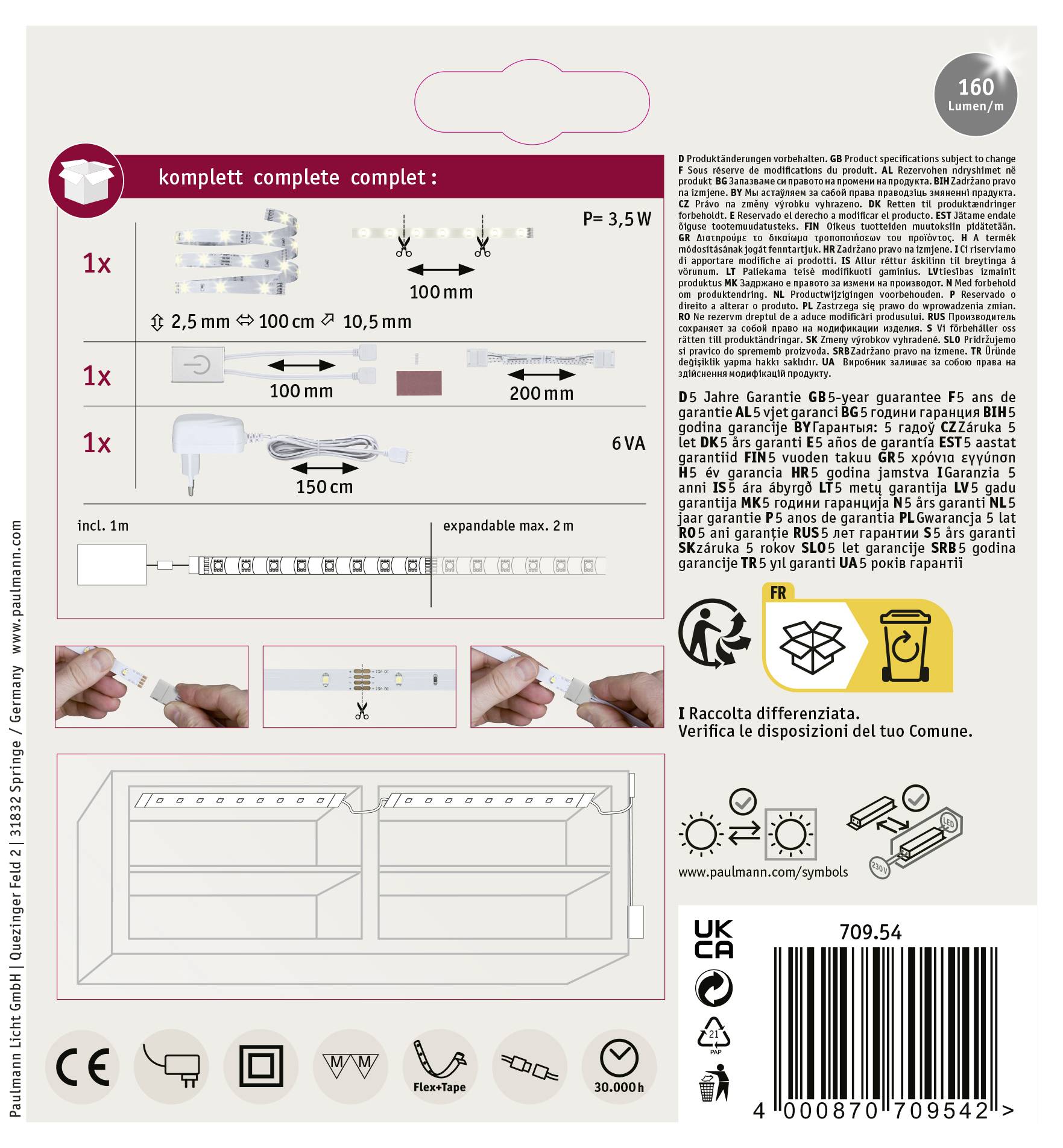 'Piazza Leuchten GU5.3' LED-Leuchte Set mit Montageanleitung, technische Details: 160 Lumen, 3,5 W, 100-150 cm erweiterbar. Oben: Skala zeigt Abstände. Unten: Montage in Schrank.
