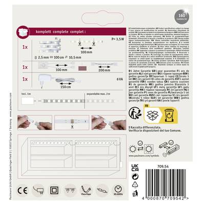 'Piazza Leuchten GU5.3' LED-Leuchte Set mit Montageanleitung, technische Details: 160 Lumen, 3,5 W, 100-150 cm erweiterbar. Oben: Skala zeigt Abstände. Unten: Montage in Schrank.