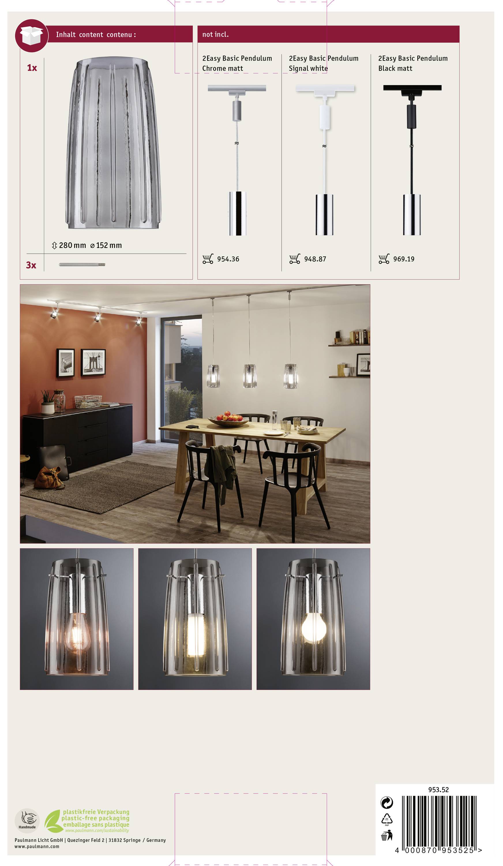 Eine Küche mit Deckenlampen über einem Esstisch, drei Hängelampen in verschiedenen Ausführungen oben dargestellt, Maße und Preise angegeben.