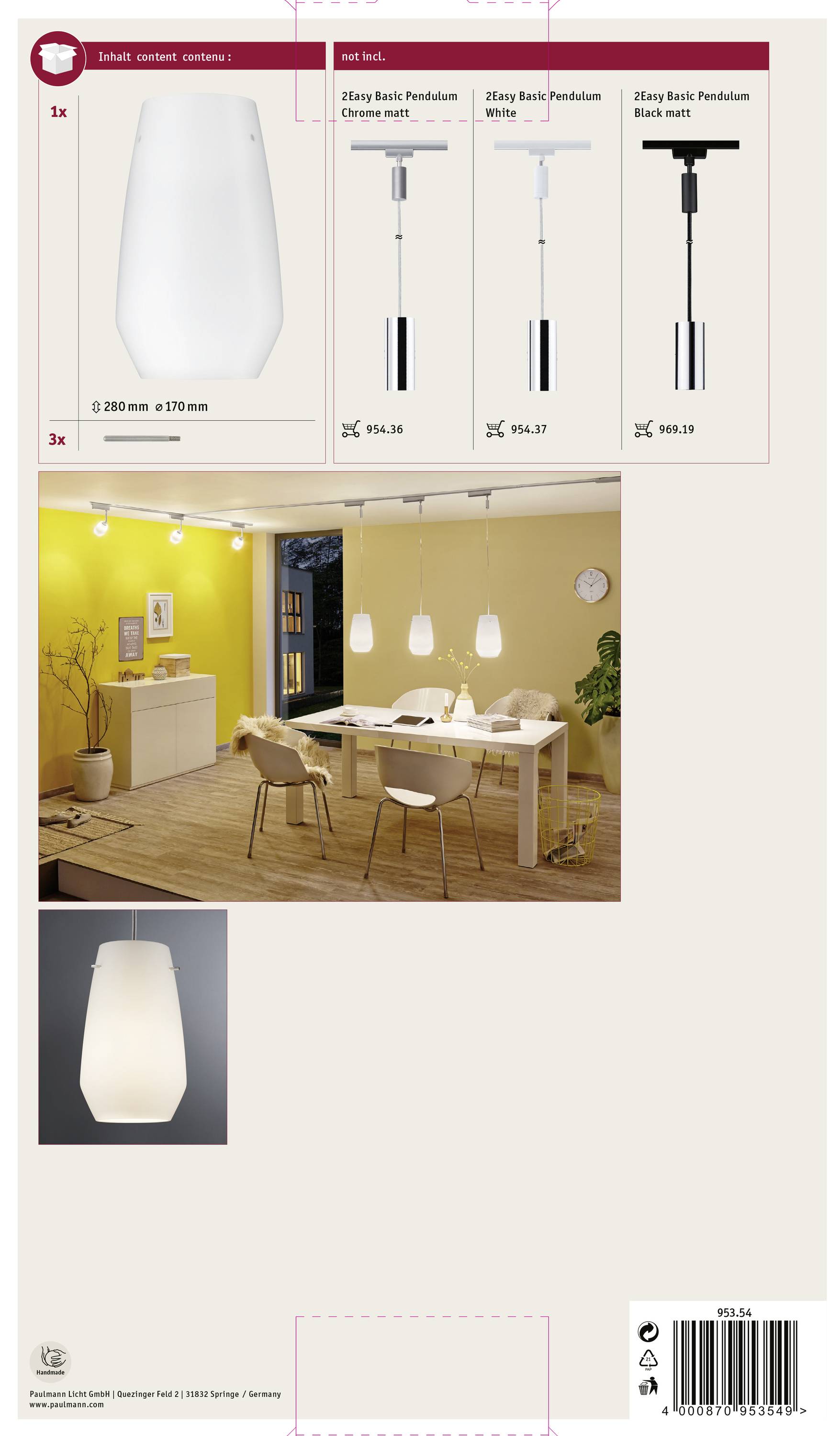 Eine Produktbroschüre zeigt weiße Pendelleuchten über einem Esstisch in einem gelben Raum. Verschiedene Modelle mit Preisangaben.