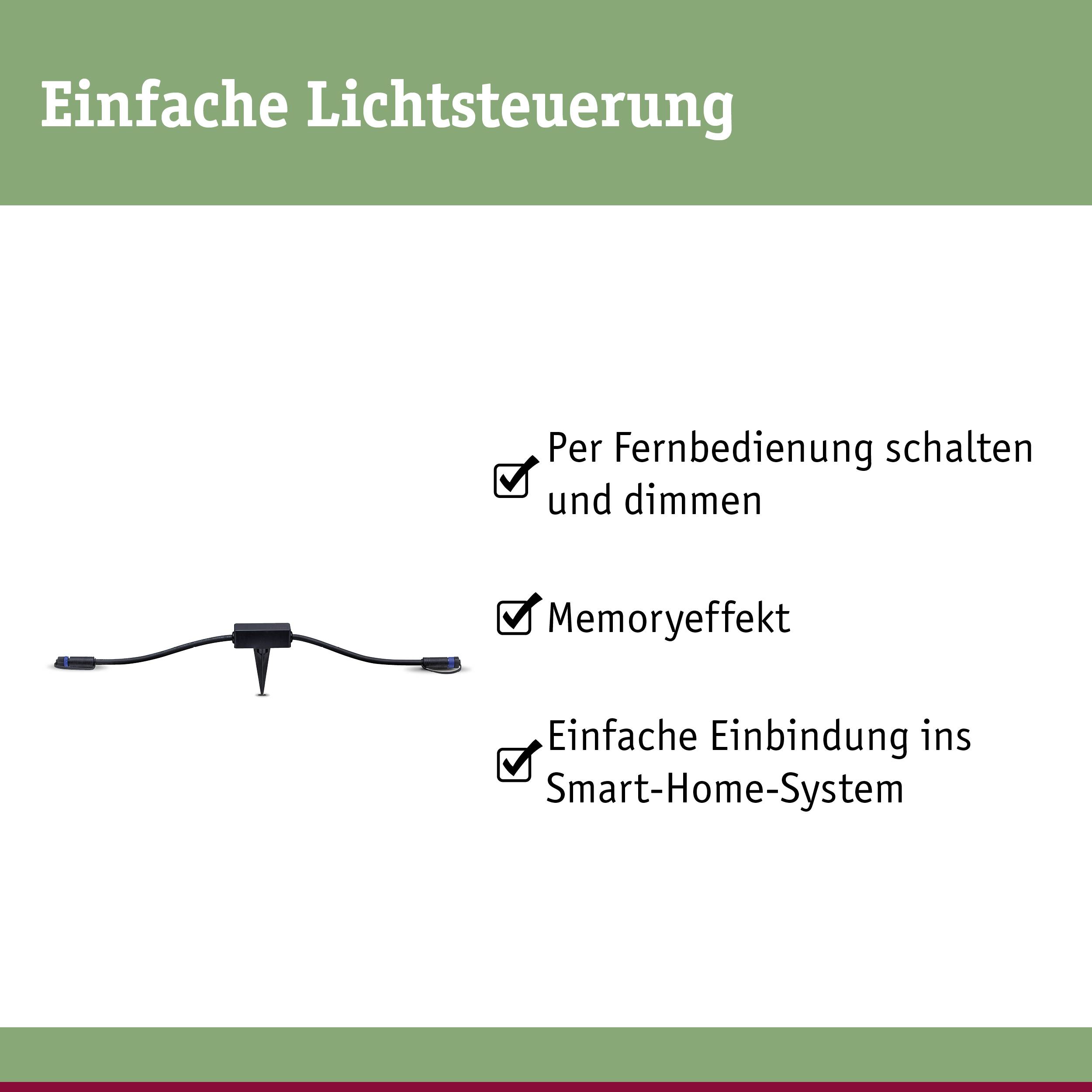 'Einfache Lichtsteuerung' zeigt eine Fernbedienung mit Funktionen: schalten/dimmen, Memoryeffekt und Smart-Home-Integration.