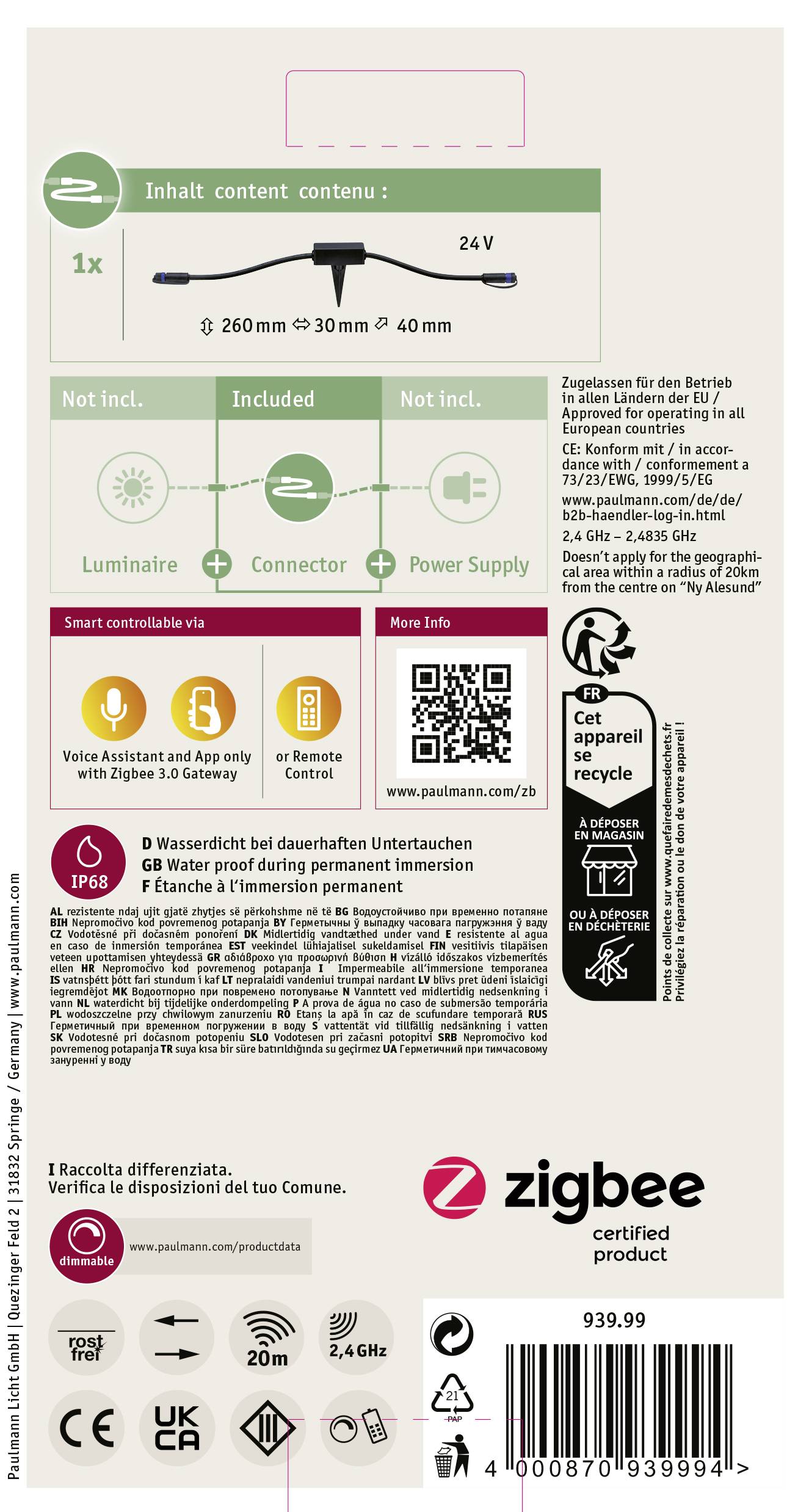 Die Verpackung eines Zigbee-zertifizierten Produkts zeigt die enthaltenen Teile: Leuchte, nicht enthaltene Steckverbindung und Stromversorgung. Hinweise zur Wasserbeständigkeit und App-Steuerung sind aufgeführt.