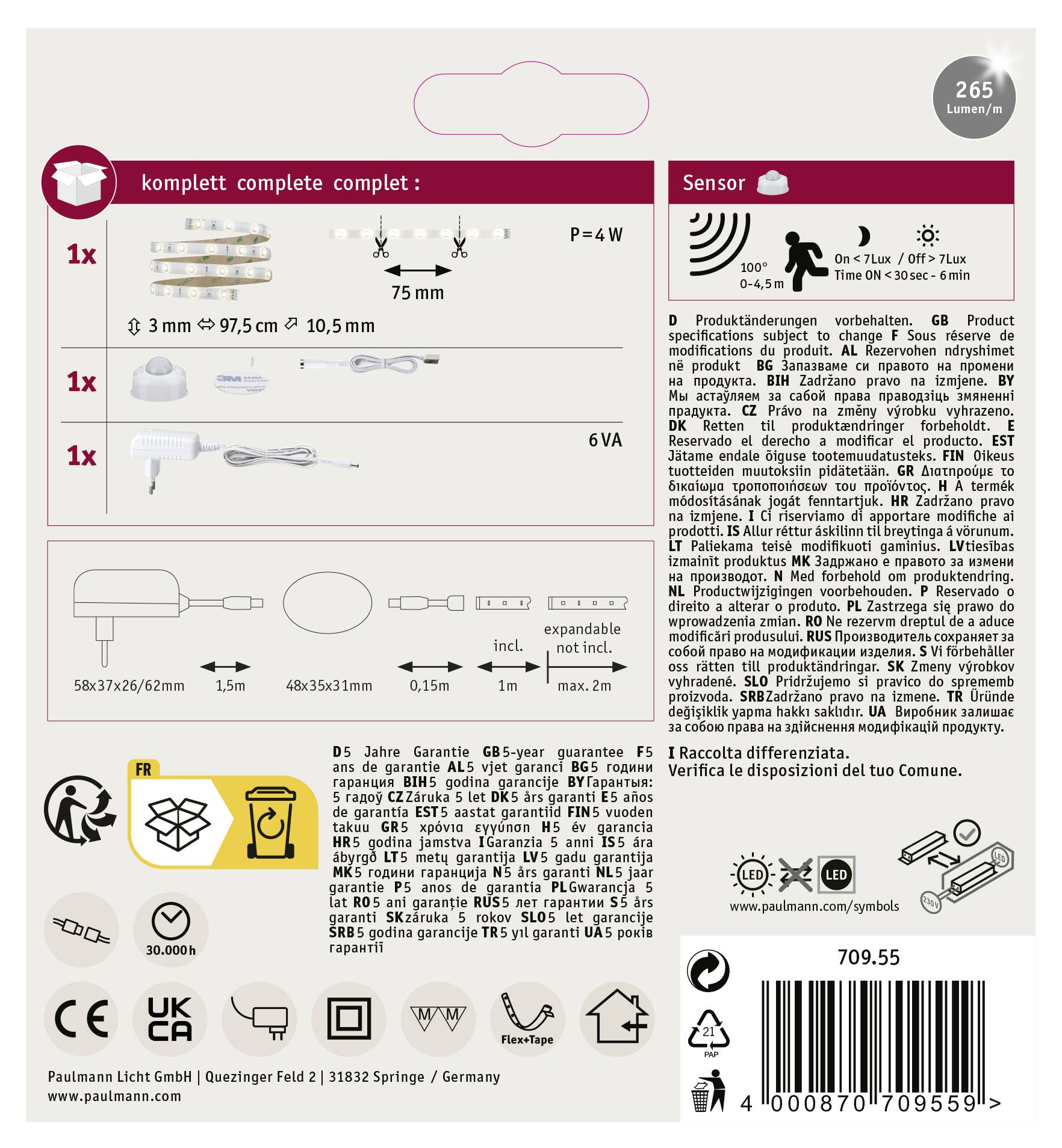 'Verpackung einer LED-Leuchte mit Sensor, zeigt Abmessungen, Leistung (4W), Lumen (265), und Symbole für Funktionen und Zertifizierungen.'