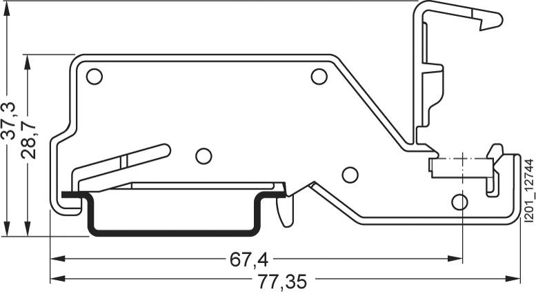 Technische Zeichnung eines Profilquerschnitts mit angegebenen Maßen: 67,4 mm Länge, 37,3 mm und 28,7 mm Höhe.