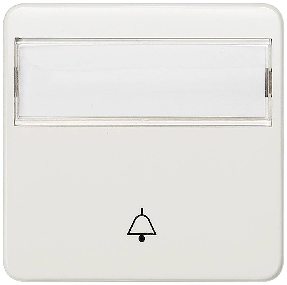 Weiße Klingelplatte mit eingebautem Namensschildhalter, einfacher Glockensymbol-Druck unten.
