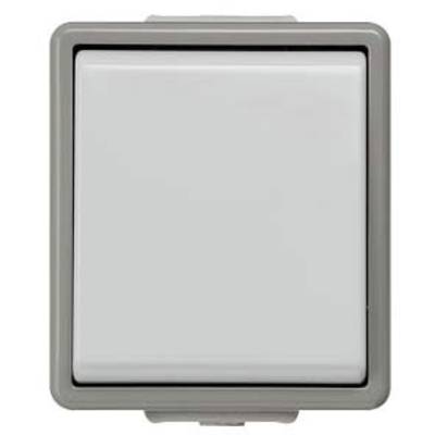 Ein einfacher, quadratischer Lichtschalter in einem grauen Rahmen.