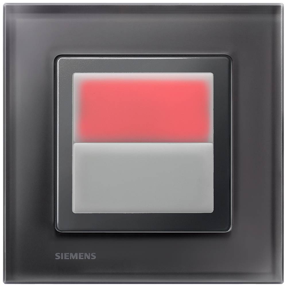 Lichtschalter von Siemens in Schwarz mit zwei Tasten: obere Taste leuchtet rot, untere Taste grau.