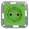 Grüne Steckdose mit zwei Öffnungen für Stromstecker, montiert auf silberner Metallplatte, gekennzeichnet mit 'SV' oben rechts.