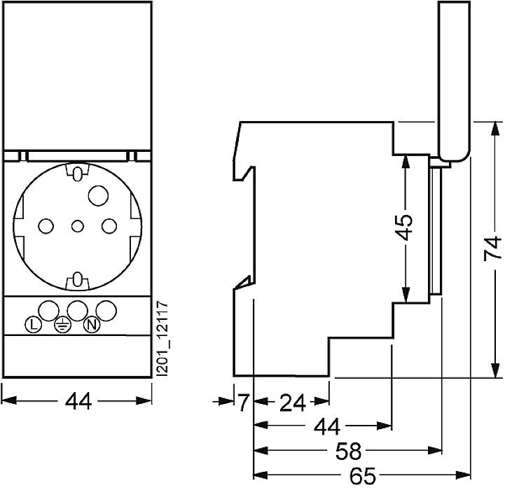 Technische Zeichnung einer Steckdose mit Maßen: Höhe 74 mm, Breite 44 mm, Tiefe 65 mm. Zeigt Front- und Seitenansicht mit Anschlussmarkierungen.