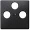 Ein schwarzer Abdeckrahmen für Elektroinstallationen mit drei runden Öffnungen und einer zentralen Schraube.