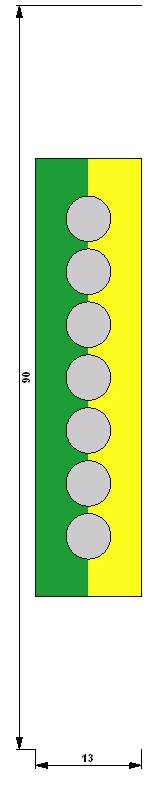 Rechteck mit einer gelben und einer grünen Hälfte, sechs graue Kreise in einer vertikalen Reihe, Zahlen an den Seiten.