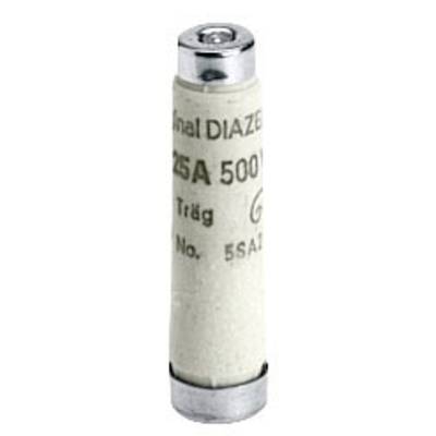 'Diazed'-Sicherung, 25A, 500V, zylindrische Form mit Metallkappen, Text 'Träg'. Wird in elektrischen Sicherungskästen verwendet.