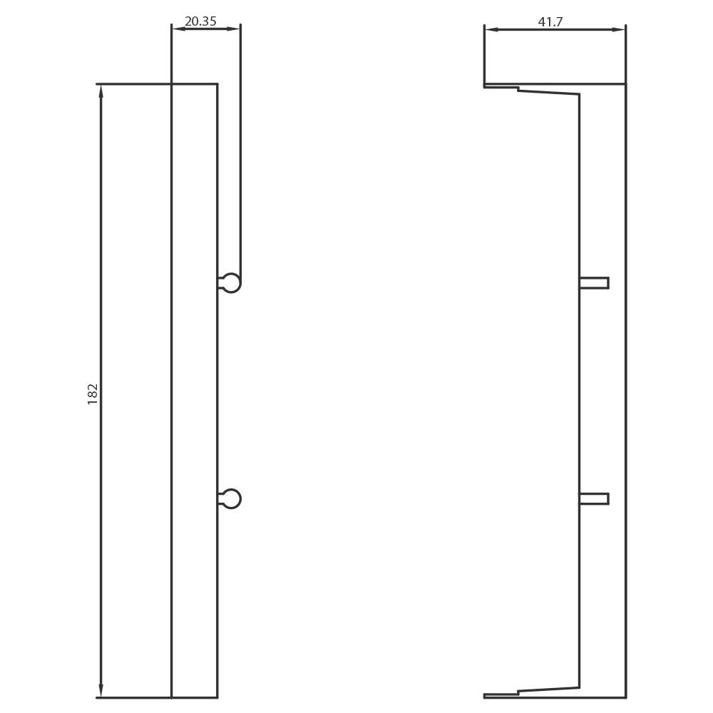 Technische Zeichnung eines rechteckigen Profils mit Maßen: 182 Länge, 20,35 Breite links, 41,7 Breite rechts. Seiten- und Frontalansicht.