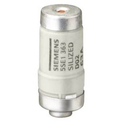 Ein zylinderförmiger Sicherungseinsatz von Siemens, Modell 5SE1363, Typ D02, mit einer Nennstromstärke von 63 Ampere, weiß- und silberfarben.