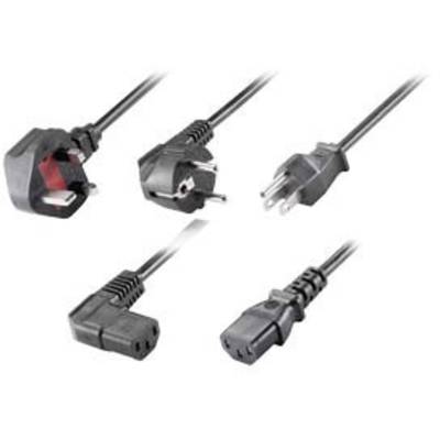 Fünf verschiedene Stromstecker und -kabel auf weißem Hintergrund. Enthält europäische und amerikanische Steckervarianten.