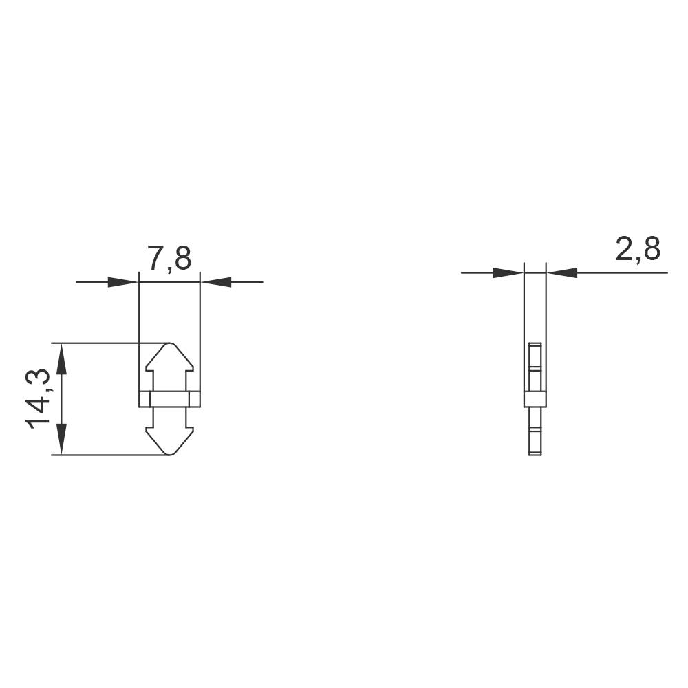 Technische Zeichnung eines Kunststoff-Befestigungsclips mit Abmessungen: Breite 7,8 mm, Höhe 14,3 mm, Tiefe 2,8 mm, Seiten- und Vorderansicht.
