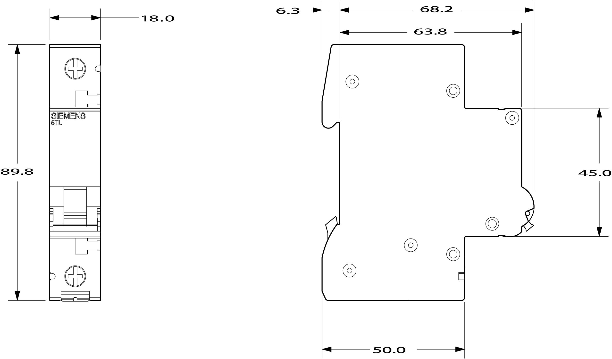 Zeichnung eines elektrischen Bauteils mit Maßangaben: Höhe 89,8 mm, Breite 18 mm, Tiefe 63,8 mm und 68,2 mm. Siemens-Logo sichtbar.