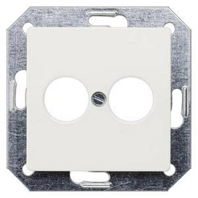 Lichtschalterabdeckung aus Metall und Kunststoff mit zwei runden Öffnungen und mittiger Schraube. Ideal für Doppelsteckdosen.