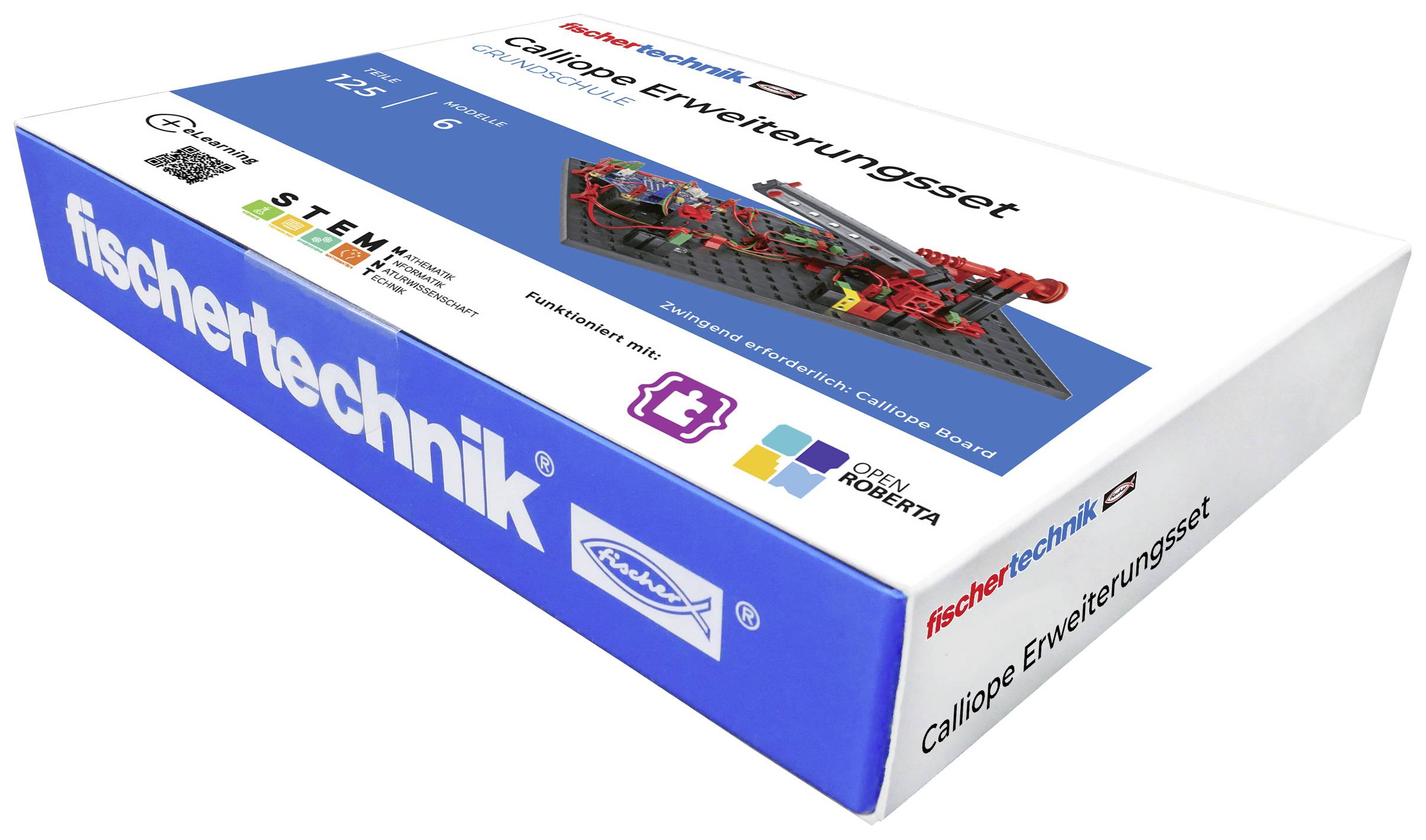 'Fischertechnik Calliope Erweiterungsset' zeigt eine Produktverpackung des Sets zur Erweiterung mit technischen Lernkomponenten.