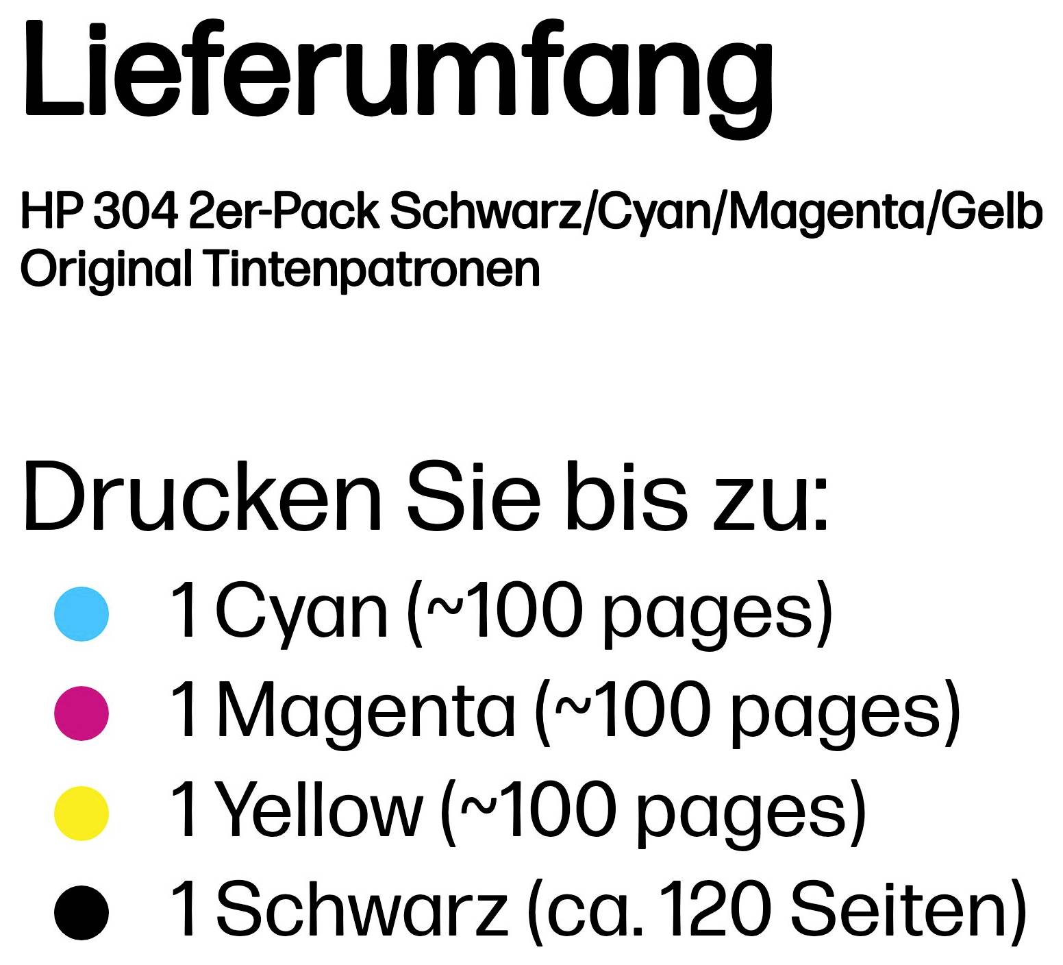 # HP 304 2er-Pack Original Tintenpatronen<br><br>## Enthaltene Farben:<br>- Cyan<br>- Magenta<br>- Gelb<br>- Schwarz<br><br>## Geschätzte Druckleistung:<br>Cyan, Magenta, Gelb und Schwarz
