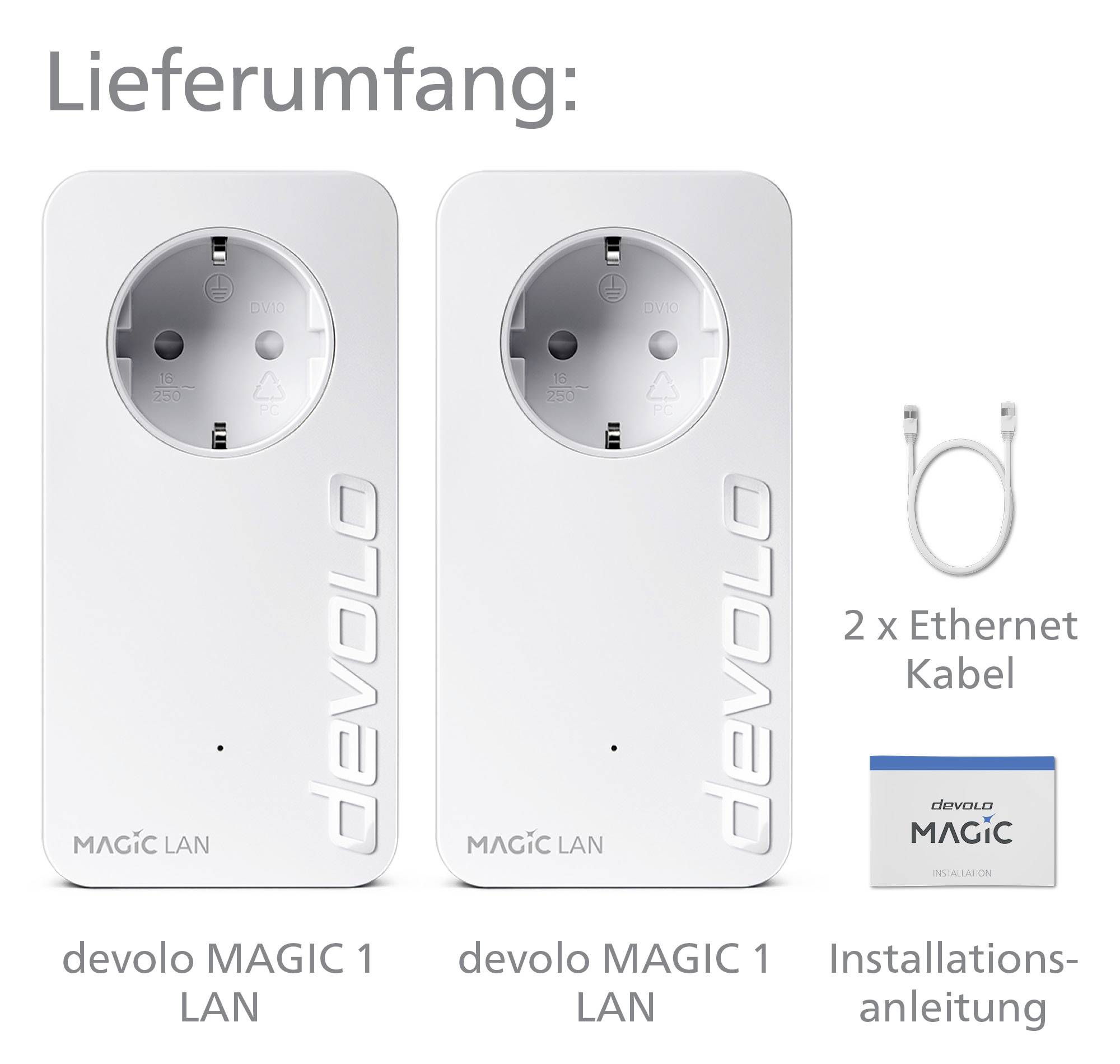 'Lieferumfang: 2 devolo MAGIC 1 LAN Adapter, 2 Ethernet-Kabel, Installationsanleitung.'
