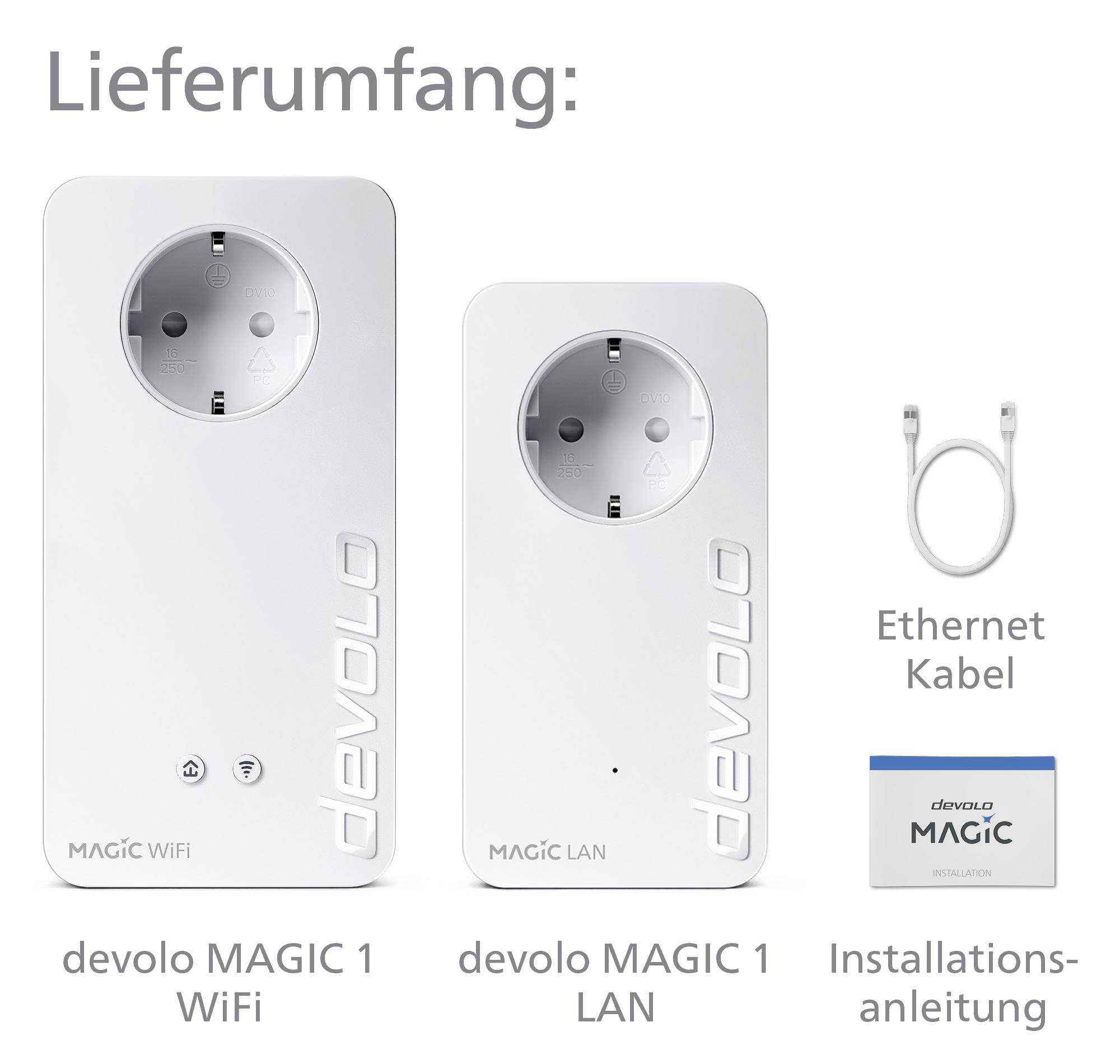 Lieferumfang: Ein Devolo MAGIC 1 WiFi Adapter, ein Devolo MAGIC 1 LAN Adapter, ein Ethernet-Kabel, und eine Installationsanleitung.