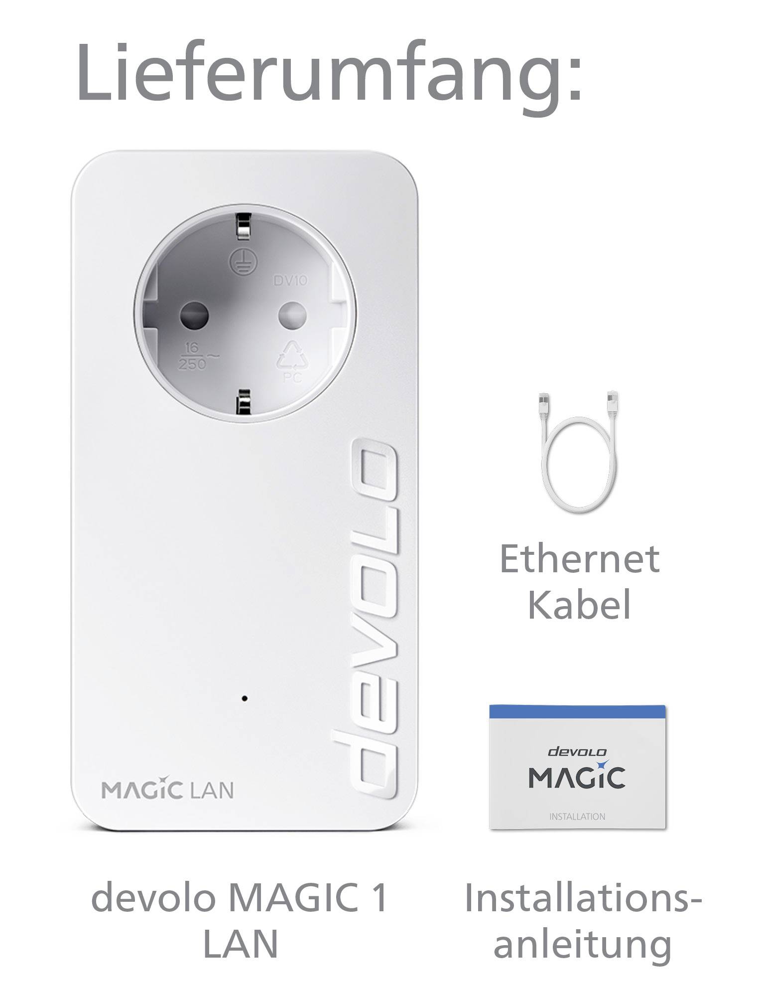 Lieferumfang eines devolo MAGIC 1 LAN: Adapter, Ethernet-Kabel und Installationsanleitung.