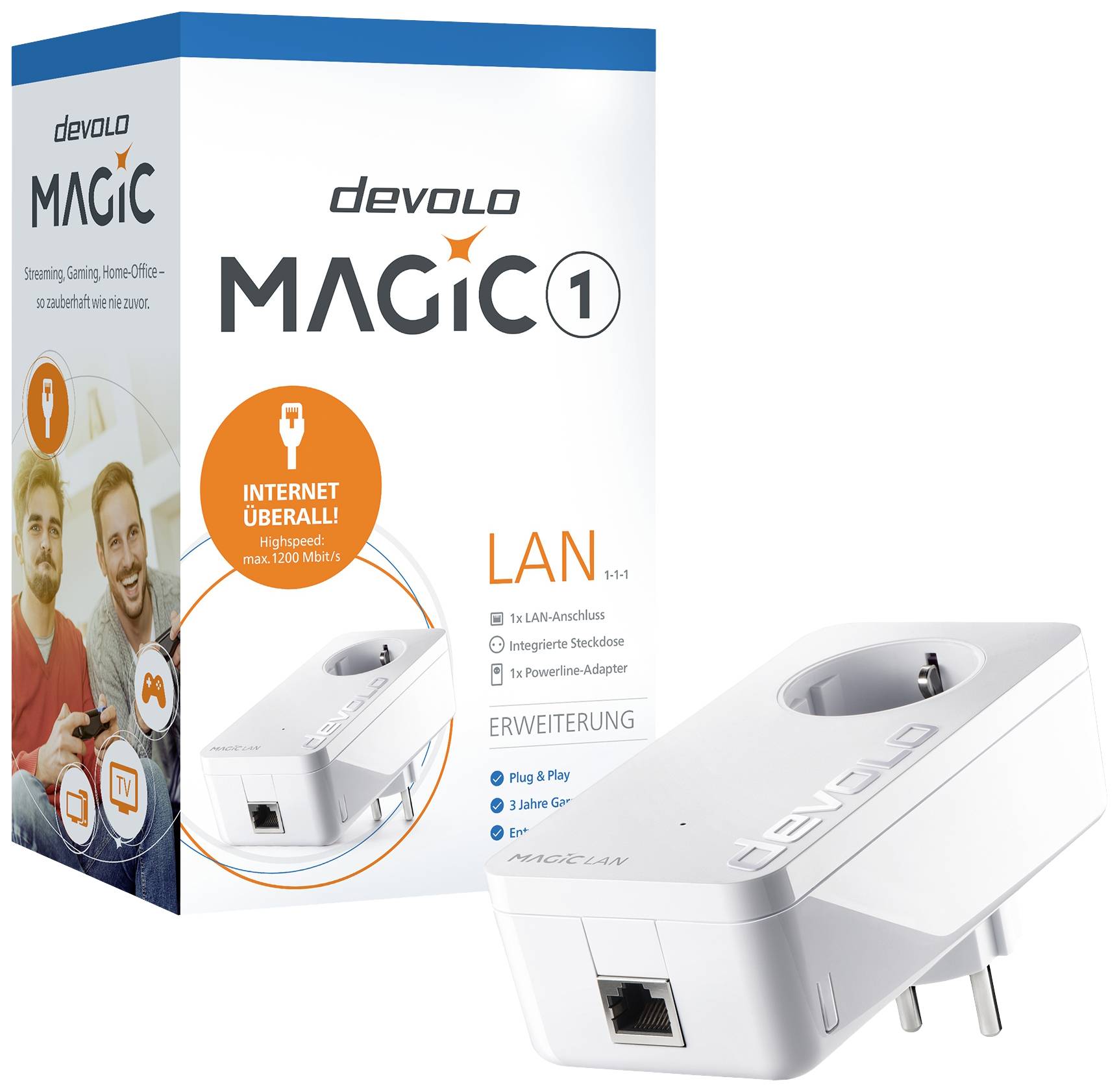 'Devolo Magic 1 LAN Erweiterung' Box mit einem Mann und einer Frau abgebildet. Enthält Powerline-Adapter zur Internetverbindung.
